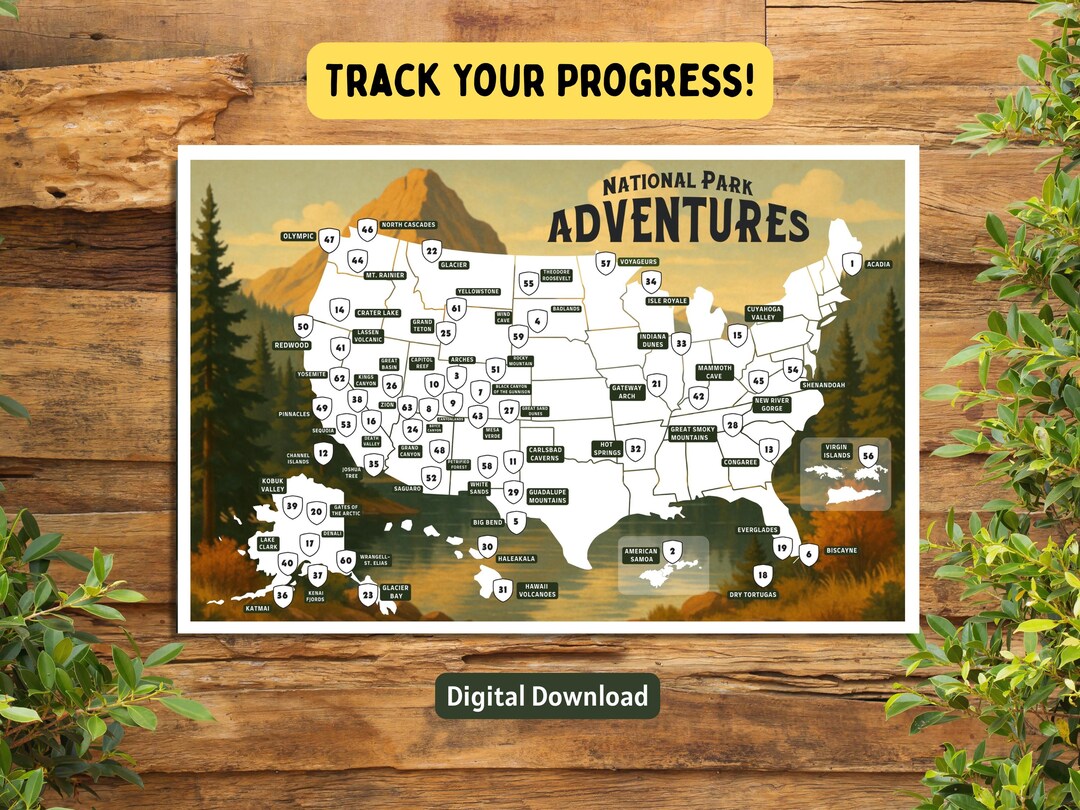 63 National Parks Map Tracker Download PNG JPEG Digital Artwork United
