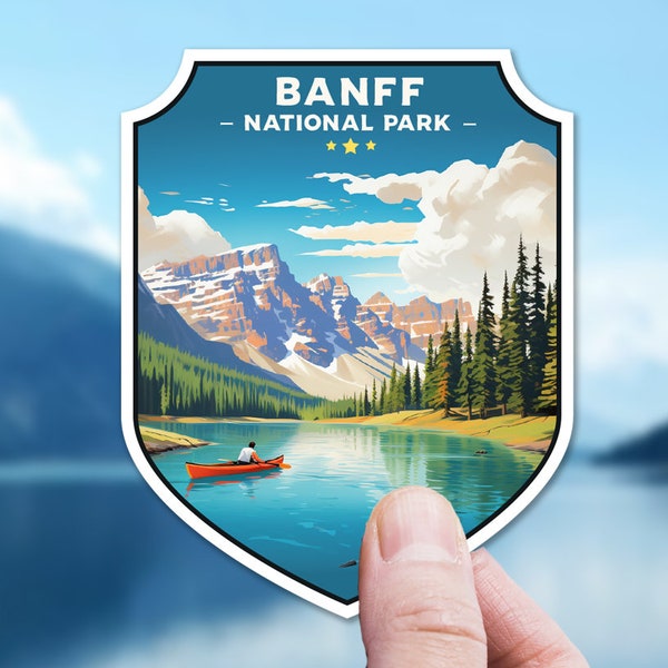 Banff Sticker Art, Canada National Park Sticker, Alberta Travel Decal, Sticker for Laptop, Luggage, Travel Gift for Friends, Hiker Decal