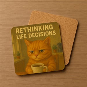 May include: Square coaster with a printed image of an orange cat holding a coffee cup, with the text "RETHINKING LIFE DECISIONS". The coaster is placed on top of a second, plain cork coaster. The background is a warm, muted color palette.