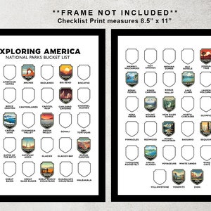 May include: A printable checklist of all the National Parks in the United States. The checklist is in the shape of a shield with the park's name and a small image of the park. The checklist is 8.5 inches by 11 inches.