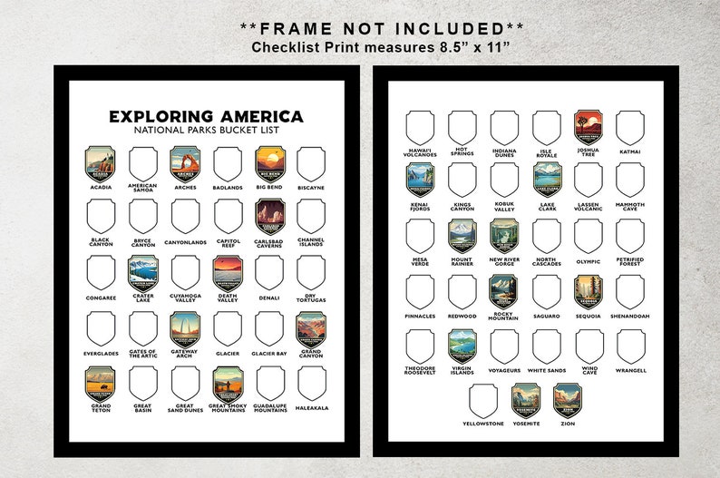 May include: A printable checklist of all the National Parks in the United States. The checklist is in the shape of a shield with the park's name and a small image of the park. The checklist is 8.5 inches by 11 inches.