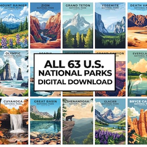 US National Park Travel Posters Alle 63 Digital Download Wall Art Printable für Wohnzimmer Dekor Outdoor Vintage Bundle Abenteuer