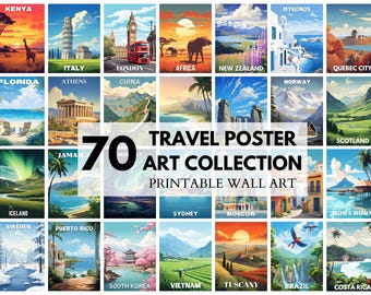 Set reisposters van over de hele wereld: 70 retro landschapsfoto's (digitale download)
