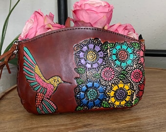 Hand-Tooled Embossed Leather Floral Hummingbird Wristlet, Genuine Mexican Leather, Made in Mexico using the Cincelada Technique