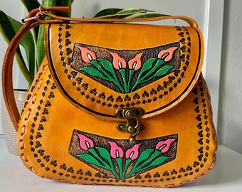 Large Leather Hand-Tooled Embossed Mexican Peace Lily Floral Purse, Handmade, Artesanal Guitar Style Handbag