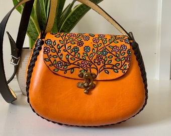 Hand-Tooled Embossed Mexican Leather Floral Purse, Handmade Leather Bag, Hand painted Artesanal Tooled Leather Handbag
