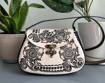 Leather Hand-Tooled Embossed Mexican Floral Purse, Handmade Handbag, Artesanal
