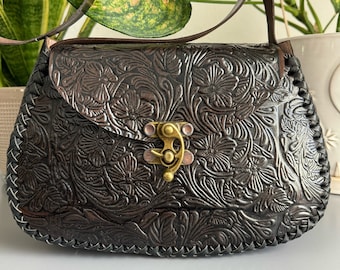 Leather Hand-Tooled Embossed Mexican Floral Handbag, Handmade Floral Rose Purse, Artesanal Bag