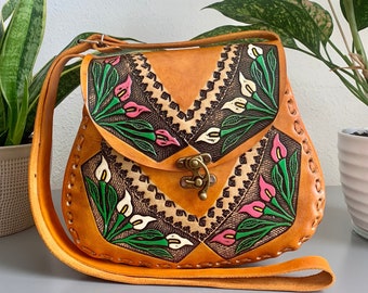 Large Leather Hand-Tooled Embossed Mexican Peace Lily Floral Purse, Handmade, Artesanal Guitar Style Handbag