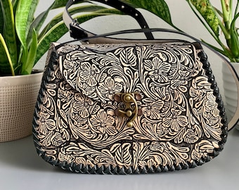 Leather Hand-Tooled Embossed Mexican Floral Handbag, Handmade Rose Purse, Artesanal Bag