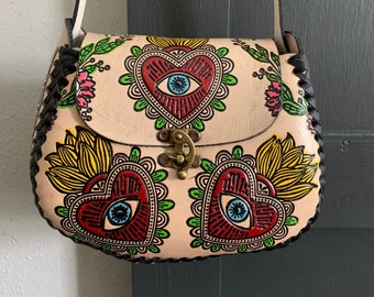 Hand-Tooled Embossed Mexican Leather Floral Purse, Evil Eye Handmade Leather handbag, Hand painted Mal De Ojo, Artesanal