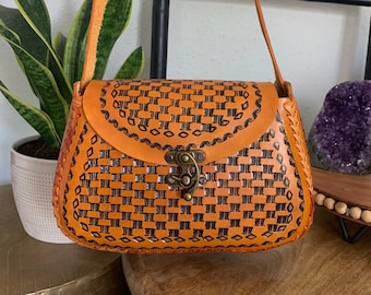 Leather Hand-Tooled Embossed Mexican Floral Handbag, Handmade Orange Purse, Artesanal Bag, Bolsa De Piel