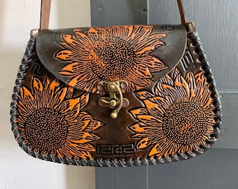 Leather Hand-Tooled Embossed Mexican Floral Handbag / Handmade Sunflower Purse/ Artesanal Bag