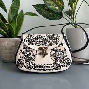 Leather Hand-Tooled Embossed Mexican Floral Purse, Handmade Handbag, Artesanal