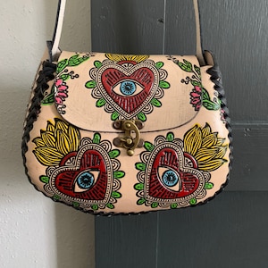 Hand-Tooled Embossed Mexican Leather Floral Purse, Evil Eye Handmade Leather handbag, Hand painted Mal De Ojo, Artesanal image 1