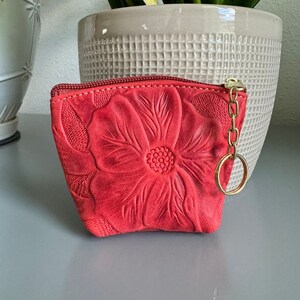 Porte-clés porte-monnaie, Portefeuille en cuir véritable repoussé à la main, Pochette en cuir gaufrée faite main