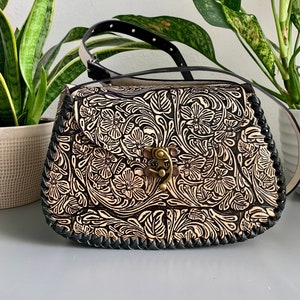 Leather Hand-Tooled Embossed Mexican Floral Handbag, Handmade Rose Purse, Artesanal Bag