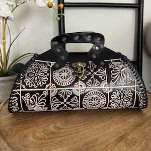 Leather Hand-Tooled Embossed Mexican Floral Handbag, Handmade Traditional Purse, Artesanal Bag