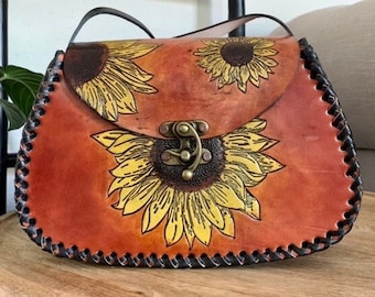 Leather Hand-Tooled Embossed Mexican Floral Handbag, Handmade Sunflower Purse, Artesanal Bag