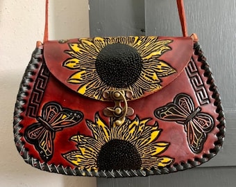 Leather Hand-Tooled Embossed Mexican Floral Handbag, Handmade Sunflower Butterfly Purse, Artesanal Bag