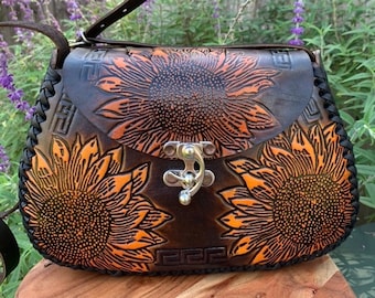 Leather Hand-Tooled Embossed Mexican Floral Handbag, Handmade Sunflower Purse, Artesanal Bag