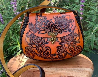 Hand-Tooled Leather Orange Floral Purse, Handmade Mexican Bag, Artesanal