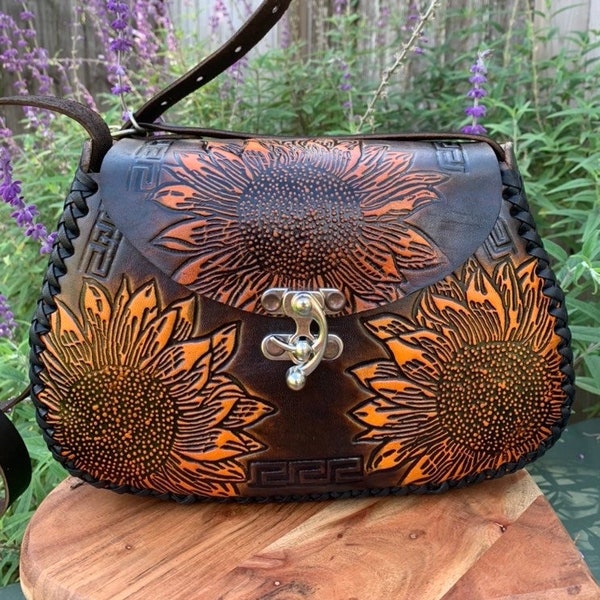 Leather Hand-Tooled Embossed Mexican Floral Handbag, Handmade Sunflower Purse, Artesanal Bag