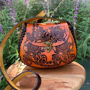 Hand-Tooled Leather Orange Floral Purse, Handmade Mexican Bag, Artesanal image 1