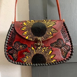Leather Hand-Tooled Embossed Mexican Floral Handbag, Handmade Sunflower Butterfly Purse, Artesanal Bag