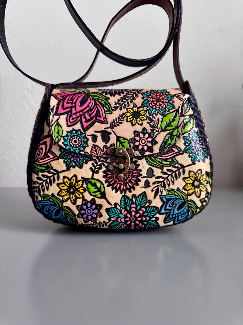 Hand Tooled Leather Crossbody Purse – Floral Mexican Artisan Bag, Adjustable Strap image 7