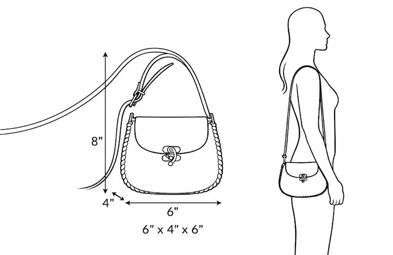 May include: Line drawing of a small, saddle-style bag with a long strap. The bag is 15 cm x 10 cm x 15 cm and the strap is 20 cm long. A woman's silhouette shows how the bag is worn. The bag has a decorative clasp.