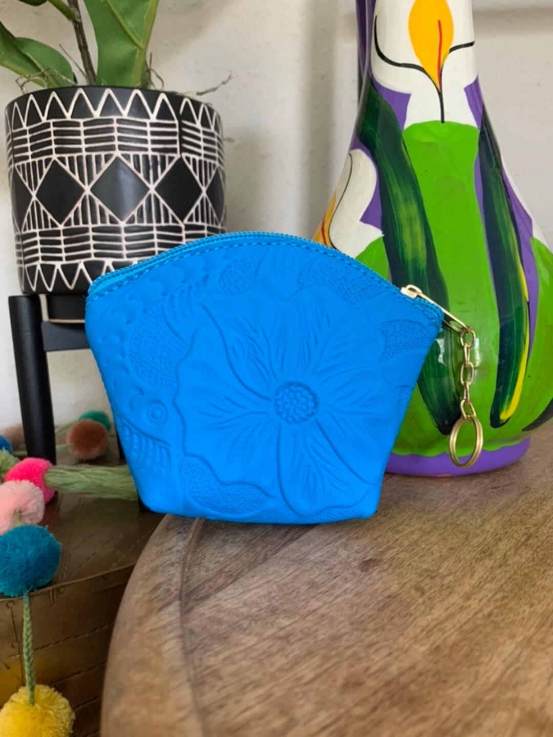 Coin Pouch Keychain Hand Tooled Genuine Leather Wallet Etsy