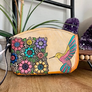 Bracelet floral colibri en cuir repoussé à la main, cuir mexicain véritable, fabriqué au Mexique selon la technique du cincelada