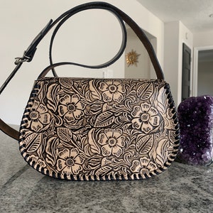 Leather Hand-Tooled Handbag, Embossed Mexican Leather Purse, Bolsa de Piel Mexicana, Bolsa Artesanal, Leather Bags for Women image 2