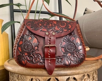 Hand-Tooled Embossed Leather, Mexican Floral Purse, Handmade Handbag, Bolsa de Piel, Artesanal Leather Crossbody