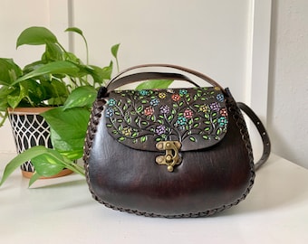 Hand-Tooled Embossed Mexican Leather Floral Purse, Handmade Leather Bag, Hand painted Artesanal Tooled Leather Handbag