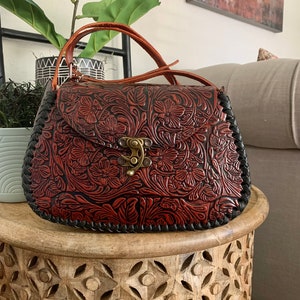 Leather Hand-Tooled Embossed Mexican Floral Handbag, Handmade Floral Rose Purse, Artesanal Bag