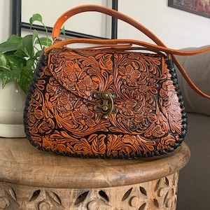 Leather Hand-Tooled Embossed Mexican Floral Handbag, Handmade Rose Purse, Artesanal Bag
