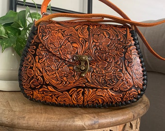 Leather Hand-Tooled Embossed Mexican Floral Handbag, Handmade Rose Purse, Artesanal Bag