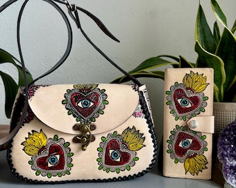 Hand-Tooled Embossed Mexican Leather Floral Purse and Wallet Set, Evil Eye Handmade Leather handbag, Hand painted Mal De Ojo, Artesanal