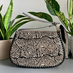 Leather Hand-Tooled Embossed Mexican Floral Handbag, Handmade Rose Purse, Artesanal Bag image 2