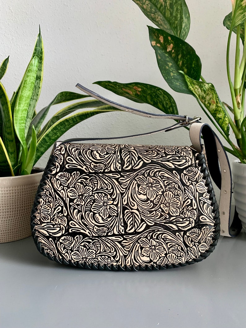 Leather Hand-Tooled Embossed Mexican Floral Handbag, Handmade Rose Purse, Artesanal Bag image 2