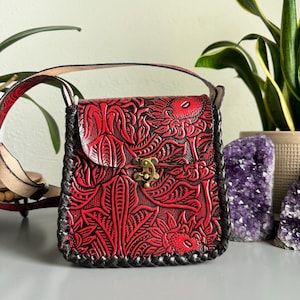 Cartera de cuero con flores mexicanas grabadas a mano, bolso de mano para mujer hecho a mano, artesanal