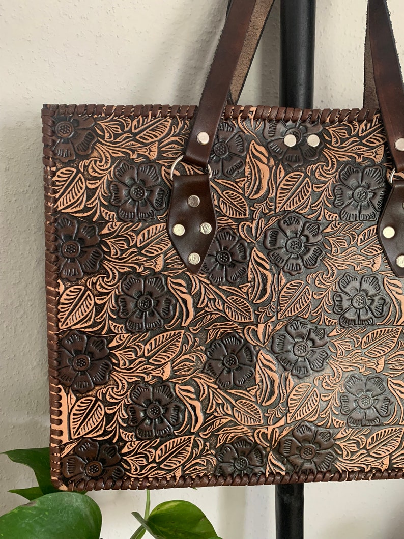 Leather Hand-tooled Embossed Mexican Floral Tote / Handmade - Etsy