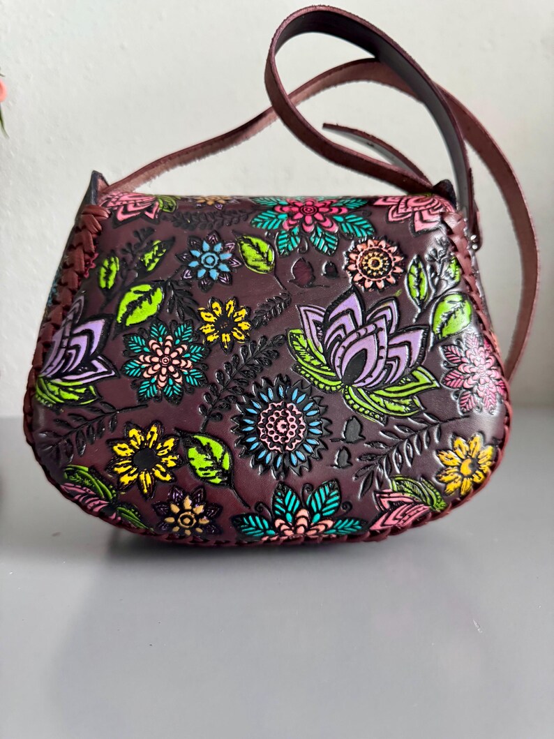 Hand Tooled Leather Crossbody Purse – Floral Mexican Artisan Bag, Adjustable Strap image 12