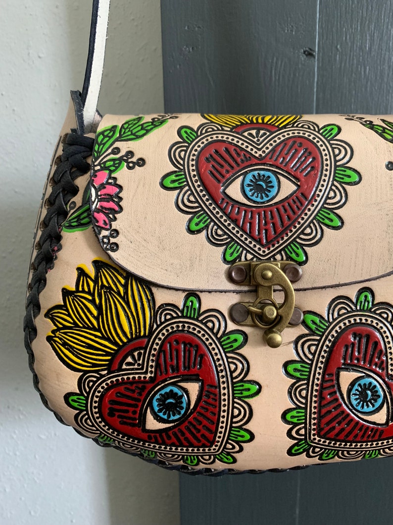 Hand-Tooled Embossed Mexican Leather Floral Purse, Evil Eye Handmade Leather handbag, Hand painted Mal De Ojo, Artesanal image 3