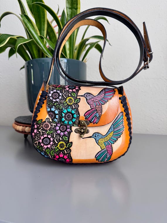 Mexican Leather Crossbody Bag - Hand Tooled Floral Purse 