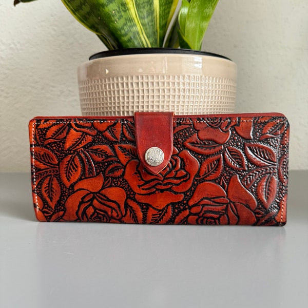 Hand Tooled Leather Wallet, Genuine Handmade Artisan Leather Rose Wallet, Mexican Leather Moderno