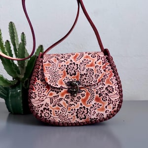 Pink Embossed Leather Backpack  handmade from Mexico Mexican Backpack, Mexican Embroidered Backpack, Mochila De  main image 2