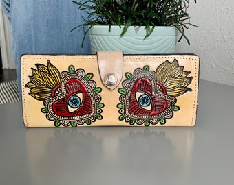 Hand Tooled Leather Wallet, Genuine Handmade Artisan Leather Evil Eye Wallet, Mexican Mal de Ojo Moderno De Piel